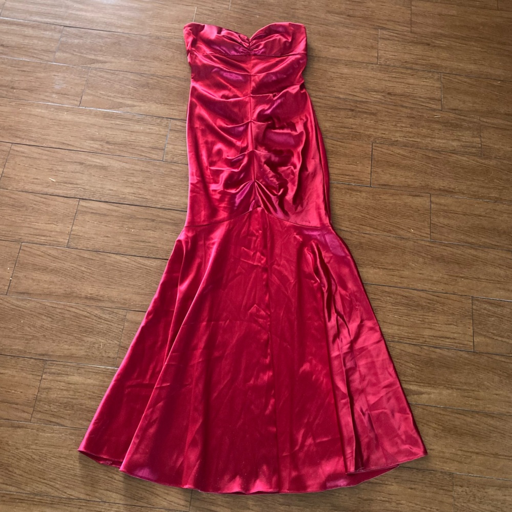 Vintage 90s Xscape Red Satin Strapless Evening Gown Sz 12 Whimsigoth